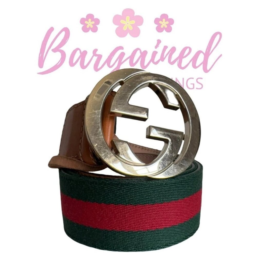 Authentic Gucci Red/Green Web Leather Gold Interlocking G Buckle Belt 90/36